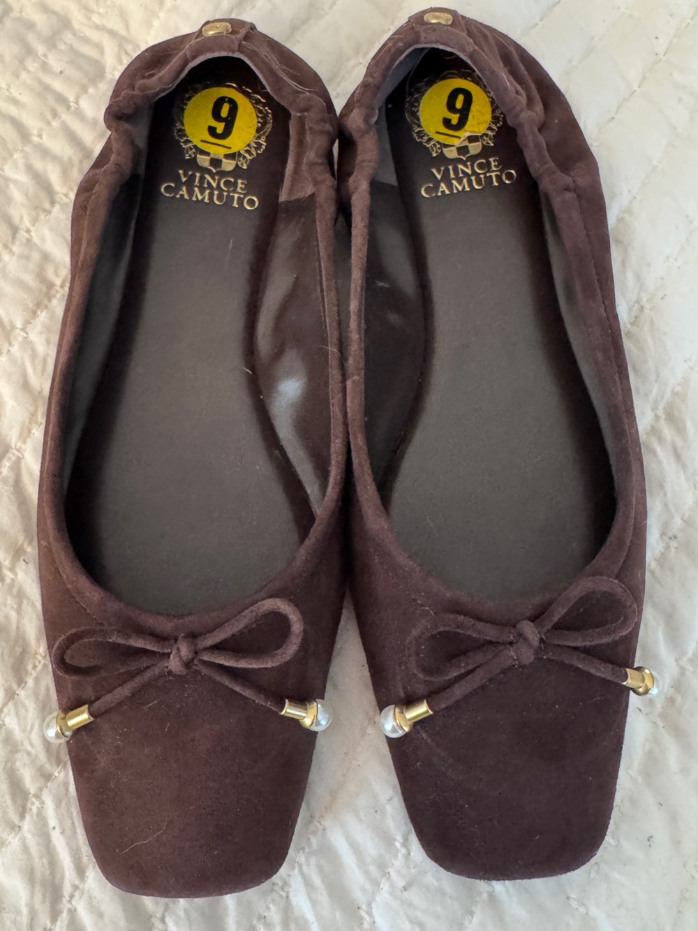 Vince Camuto Dark Brown Suede Ballet Flats with Bow & Bead Accents